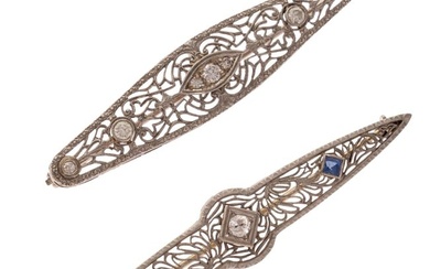 Collection of Two Art Deco Diamond, White Gold Filigree Bar Pins