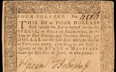 Colonial Currency MD. June 8, 1780 $4 BLACK MONEY