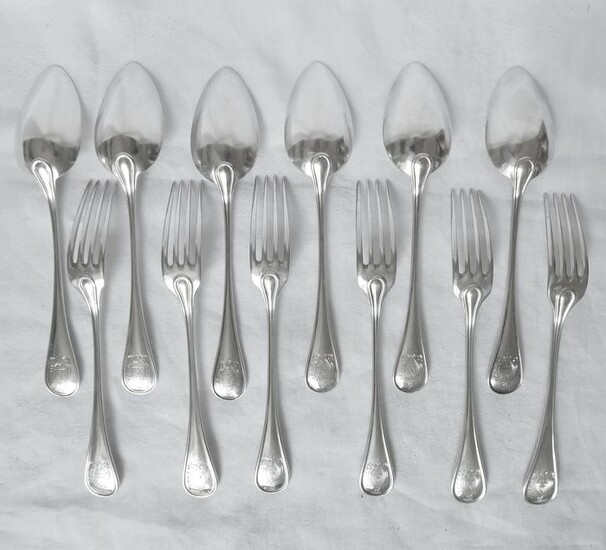 Couvert, Housewife of 6 cutlery with armorial entremets in solid silver (12) - .950 silver - Granvigne - France - Late 19th century