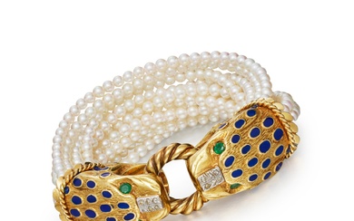 Cultured Pearl, Emerald, Enamel and Diamond Bracelet | 養殖珍珠，祖母綠 及...