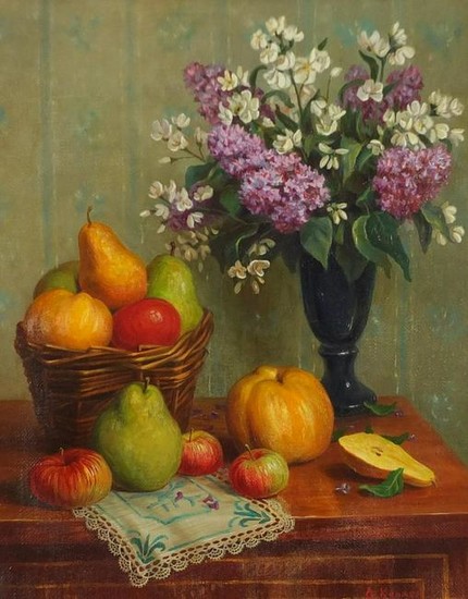 D Koniaev - Still life flowers and fruit, Russian oil