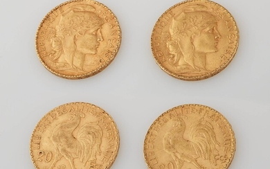 Deux pièces en or de 20 francs 1909 et 1911. Diam. : 2 cm. Poids...