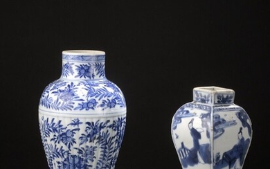 Deux vases et une coupe en porcelaine bleu blanc Chine, époque Kangxi (1662-1722) et XXe...