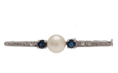 Diamonds, sapphires and pearl brooch, mid 20th Century.