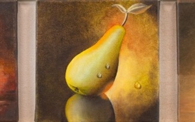 Dutch School: three oil paintings in one frame: apple, pear...