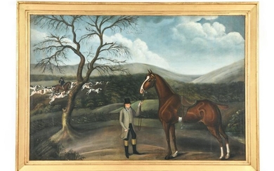 EARLY 19TH C. BRITISH PRIMITIVE HUNT OIL ON CANVAS