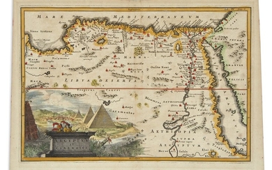 (EGYPT.) Cluver, Philipp. Aegyptus et Cyrenaica. Small-scale hand-colored double-page engraved map of Egypt...