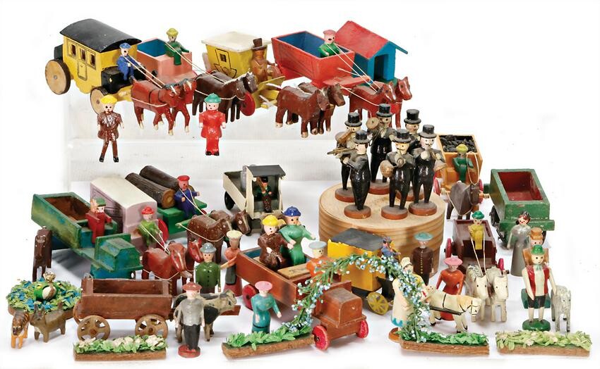 ERZGEBIRGE miniatures, horse and carts, tin and wood