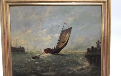 Early 20th century English School oil on board - shipping off the coast, installed and indistinctly dated, in gilt frame, 33cm x 41cm