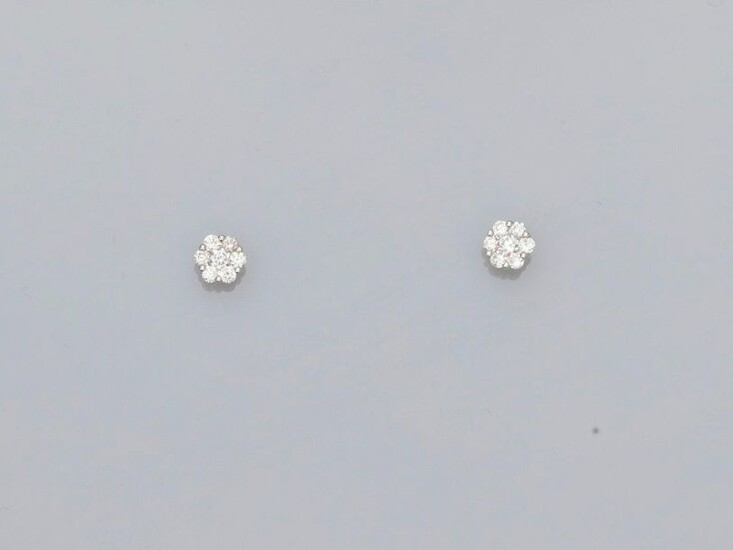 Earrings each drawing a white gold flower, 750 MM, covered with diamonds, 5 x 5 mm, weight: 1.2gr. rough.