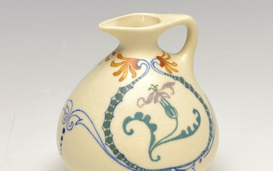 Earthenware jug (model number 84), white frosted glaze with polychrome...