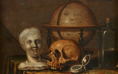 Edwaert Collier - Vanitas Still Life with a Skull, Bust, Clock, Globe and Bottle