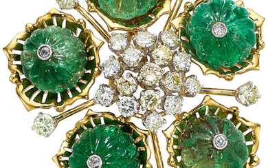 Emerald, Diamond, Colored Diamond, Platinum, Gold Pendant-Brooch The pendant-brooch...