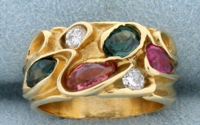 Emerald, Morganite, Diamond, and Rubellite Designer Ring in 14K Yellow Gold