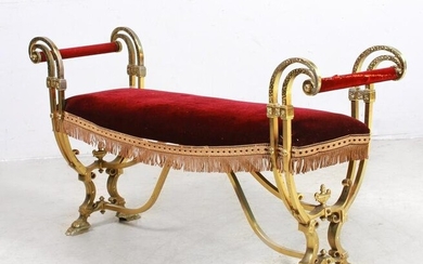 Empire Style Velvet Upholstered Brass Bench
