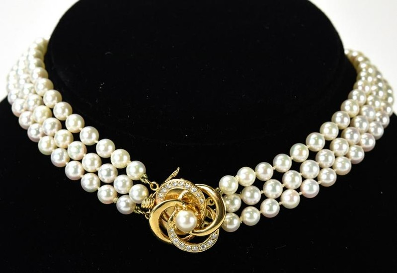 Estate 14kt Gold Diamond & Cultured Pearl Necklace