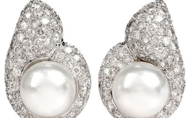 Estate 7.50cts Diamond Pearl Tear Drop Clip On 18K White Gold Earrings