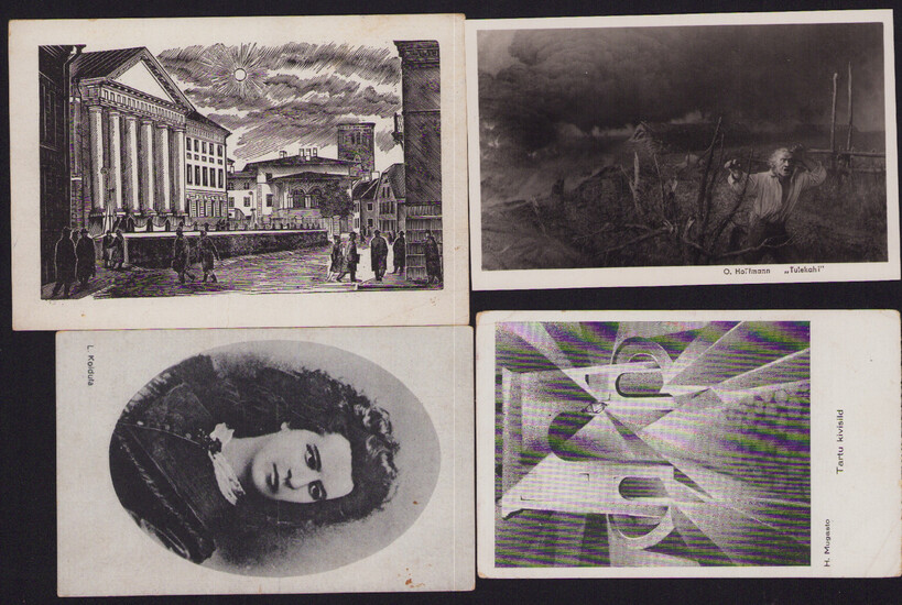 Estonia Group of postcards - L. Koidula; R. Kaljo "Tartu Riiklik Ülikool"; R. Mugasto "Tartu kivisild"; O. Hoffmaff "Tule kahi" before 1940 (4)
