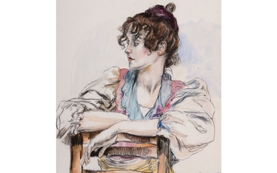 Eugen von Blaas Albanon 1843 - 1932 Venise "Fille assise" Crayon et aquarelle sur papier...