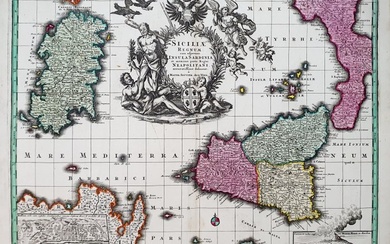 Europe, Map - Italy / Sicily / Sardinia / Malta / Southern Italy / Catania / Messina; Matthaus Seutter - Siciliae Regnum cum Adjacentibus Insula Sardiniae et Maxima Parte Regni Neapolitani - 1721-1750