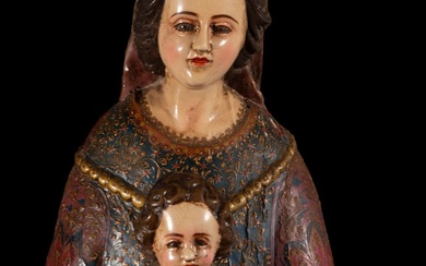 Exquisite and large wood carving sculpture of the Virgen de...