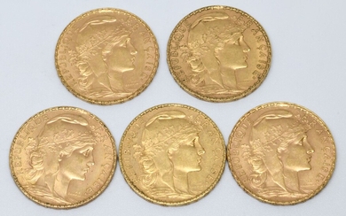 FRANCE. Cinq pièces de 20 Francs or. 1901,...