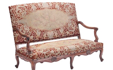 FRENCH WALNUT OPEN ARM SOFA COVERED IN TAPESTRY C 1880