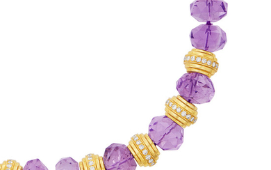 Faceted Amethyst Bead, Gold and Diamond Necklace