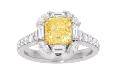 Fancy Intense Yellow Diamond, Diamond, White Gold Pendant-Ring Stones:...