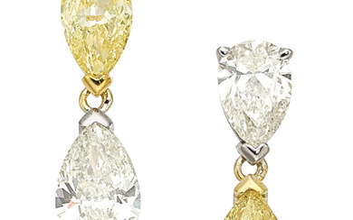 Fancy Yellow Diamond, Diamond, Gold Earrings Stones: Pear-shaped near...