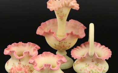 Fenton Hand-Painted Burmese Glass Epergne and Vases
