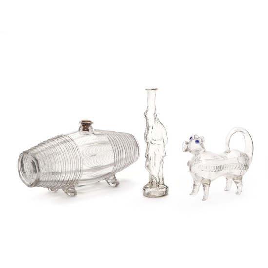 Figure bottle of clear glass - the lazy boy, brandy dog, and brandy barrel. Barrel L. 25 cm. Dog L. 15.5 cm. Figure H. 20 cm. (3)