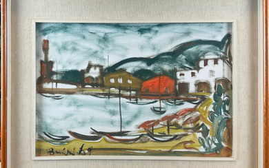 Firma indecifrata "Paesaggio con barche" 1969, olio su tela (cm 35x50) firmato e datato in basso a sinistra In cornice…
