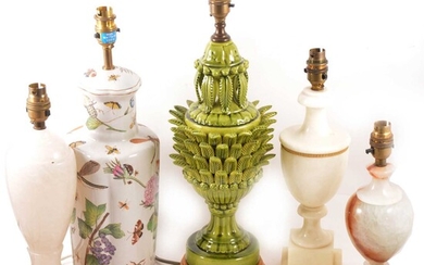 Five assorted lamp bases, including a lead-glazed pineapple form