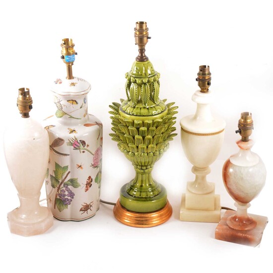 Five assorted lamp bases, including a lead-glazed pineapple form