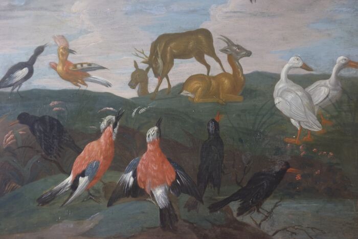 Flemish School (XVII-XVIII)Suiveurs de Jan Van Kessel Le Jeune (1654 - 1708) - Oiseaux et Cervidés
