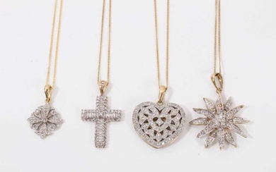 Four 9ct gold diamond set pendants on 9ct gold chains