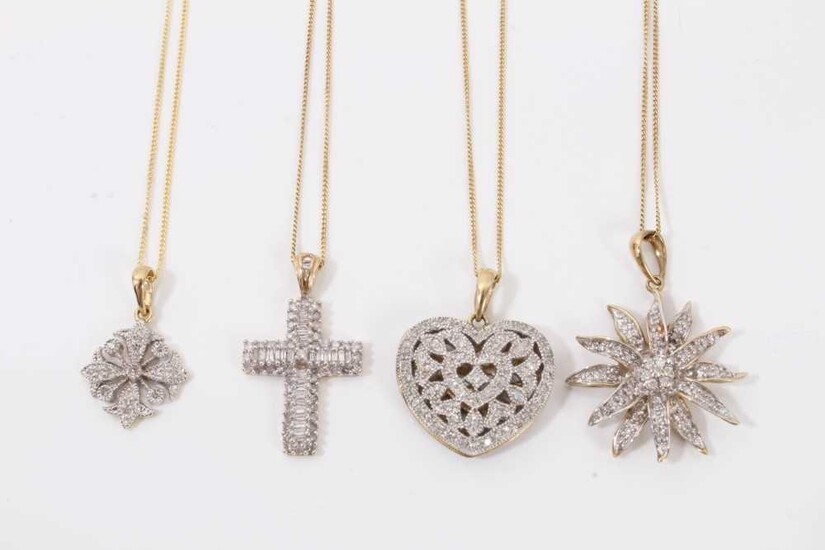 Four 9ct gold diamond set pendants on 9ct gold chains