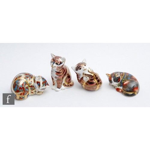 Four boxed feline Royal Crown Derby paperweights comprising ...
