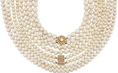Four cultured pearl necklaces, comprising: one composed of two rows of uniform cultured pearls, approximate diameter 9.1 - 9.9mm, to a cultured pearl and paste flowerhead cluster clasp, length 38cm; another a cultured pearl uniform single row...