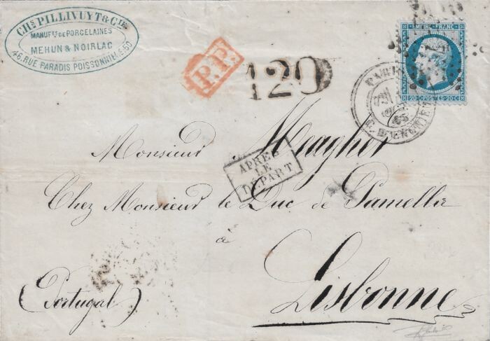 France 1865 - Very rare Empire, perforate, 20 centimes blue, on a taxed letter bound for Lisbon. - Yvert 22