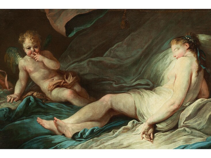Französischer Maler des 18. Jahrhunderts in der Art des François Boucher (1703 – 1770), AMOR WACHT ÜBER DIE SCHLAFENDE VENUS