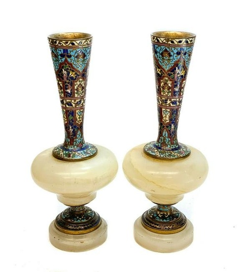 French Champleve White Onyx Gilt Bronze Footed Vases