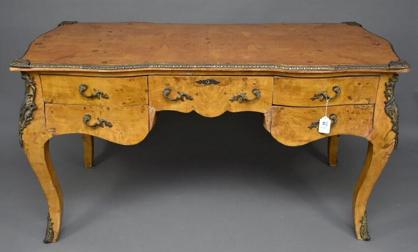 French Style Writing Desk, Burled Veneer with Gilt