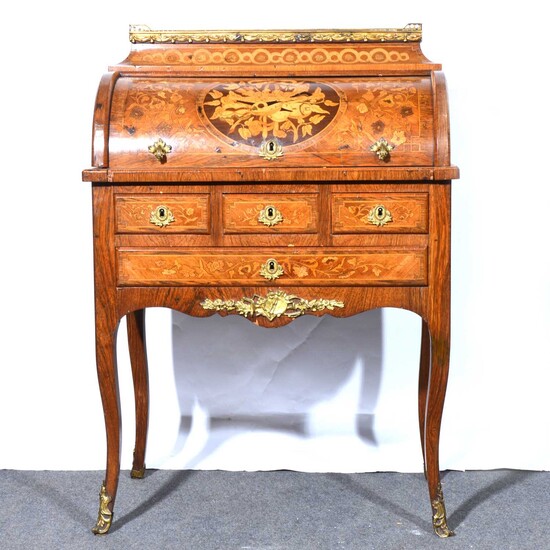 French walnut and marquetry bureau a cylindre