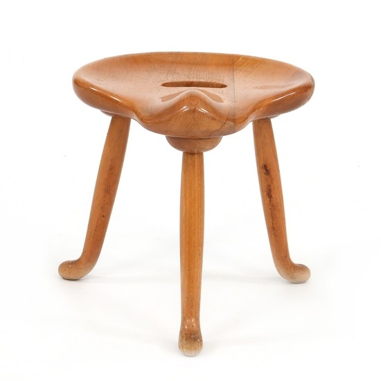 Fritz Hansen: Three legged stool of solid elm. Made by Fritz Hansen.