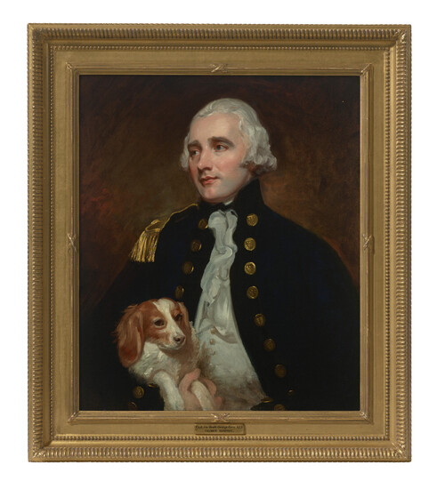 GEORGE ROMNEY (DALTON-IN-FURNESS, LANCASHIRE 1734-1802 KENDAL, CUMBRIA) Portrait of an Officer of the Corps of Engineers, half-length, holding a dog