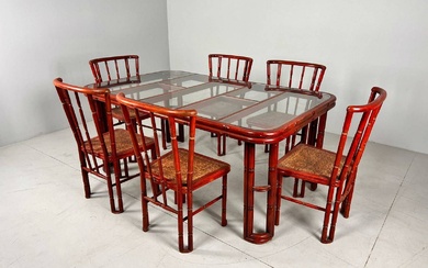 GIORGETTI, Grande table de salle à manger avec chaises rouge, bambou vernis rouge, Vers 1960...