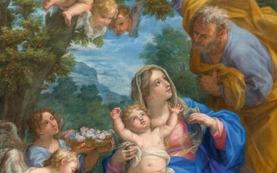 GIOVANNI ODAZZI(1663 Rome 1731)Sainte famille avec putti dans un paysage. Huile sur toile. 68,8 ×...