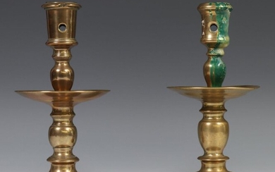 Germany, two copper collar candlesticks, 17th century, with...